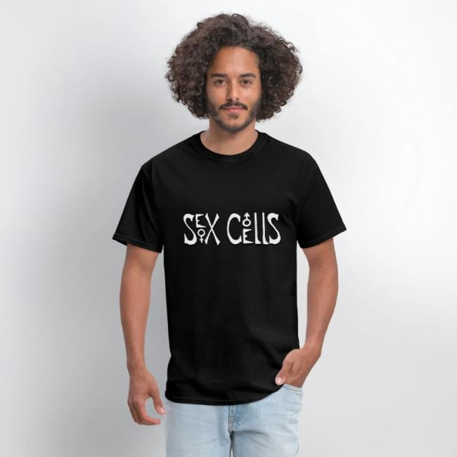 Model wearing a black Sex Cells logo t-shirt
